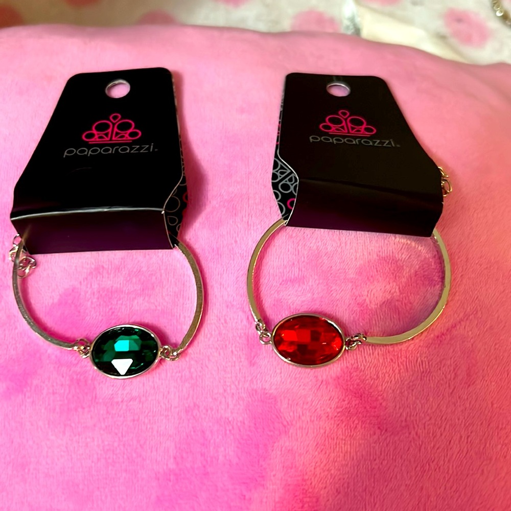 2 paparazzi bracelets 1 green stone and the other red stone